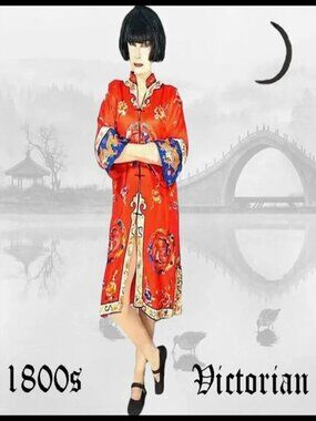 Victorian Silk Kimono Qing Dynasty Robe, Red Chinese Empress- Dragon Embroidery